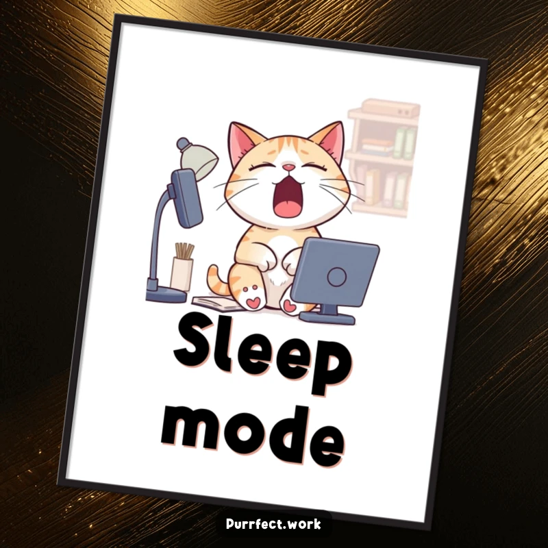 Funny Sleepy Cat Digital Art Print: A humorous illustration of a cat yawning widely at a desk, perfect for home or office decor.