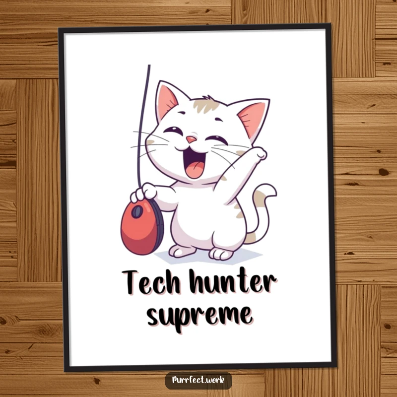 Funny Digital Art Print of an excited cat batting at a computer mouse, capturing playful feline energy.
