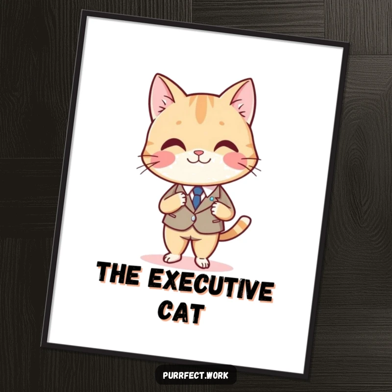 Funny digital art print of a smiling cat in a suit, seated at a desk and crossing legs, offering instant decor.