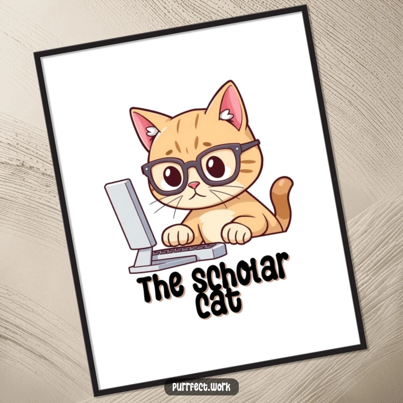 Funny digital art printable of a cat wearing glasses, staring intently at a computer, perfect for humorous intellectual decor.