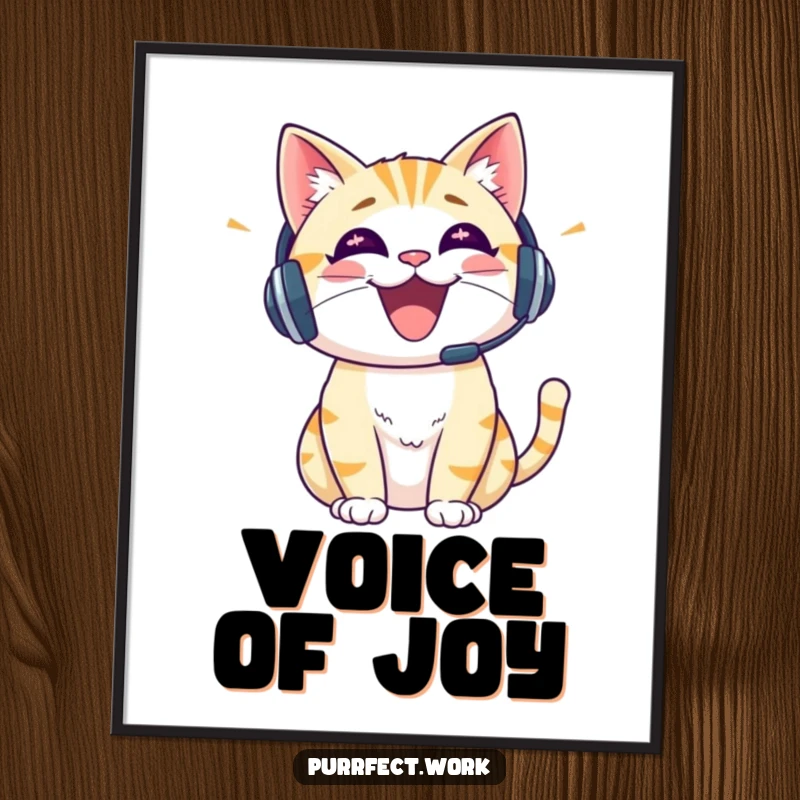 Funny cheerful cat wearing a headset, talking enthusiastically, as a digital art print for lively wall decoration.