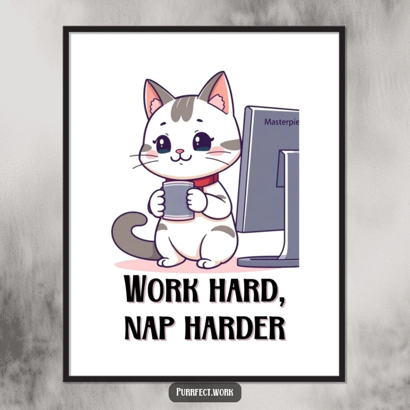 Funny digital art print of a cheerful office cat with coffee, intently watching a computer screen, for immediate wall decor.