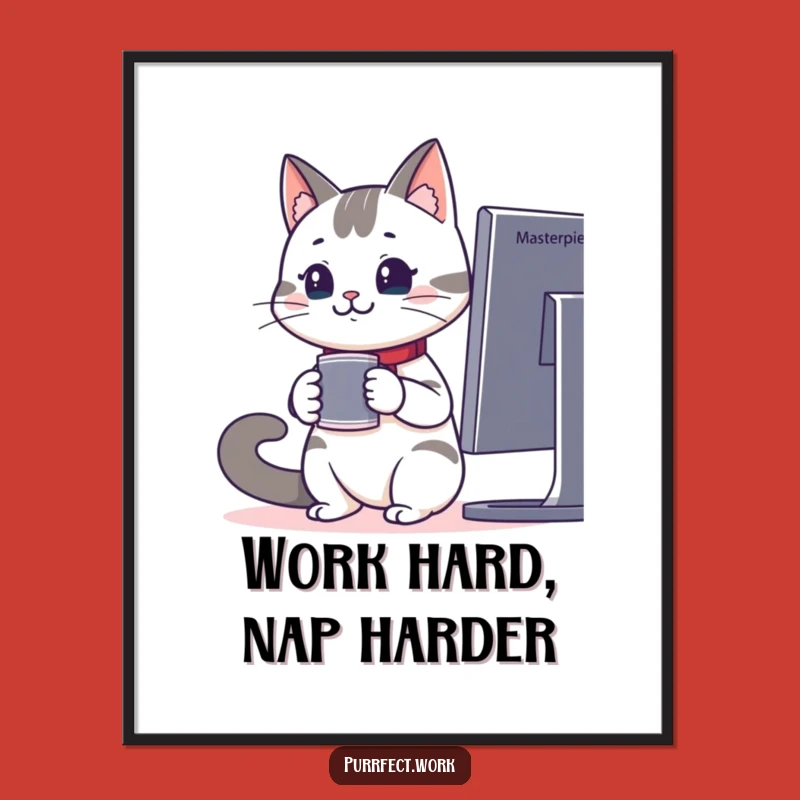 Funny Office Cat Digital Art - Attentive Feline Monitor Lover Print