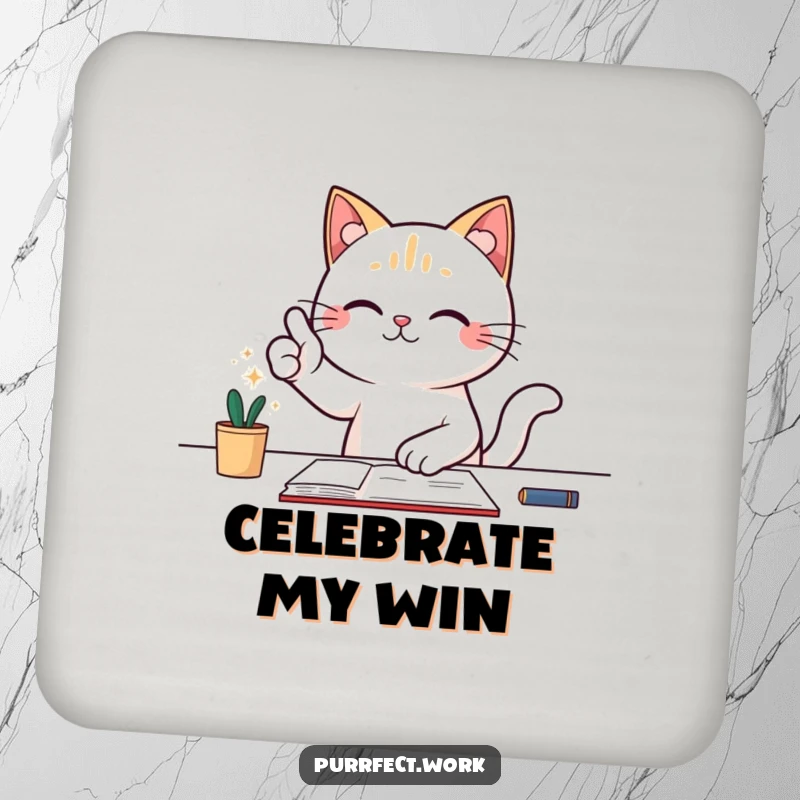 Funny coaster with a cat at a desk giving a triumphant thumbs-up, symbolizing success and table protection.