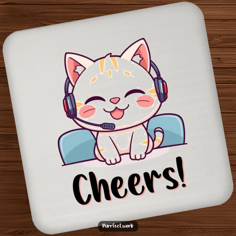 Funny drink coaster showing a grinning cat wearing a headset, ready for meetings, offering collaborative humor.