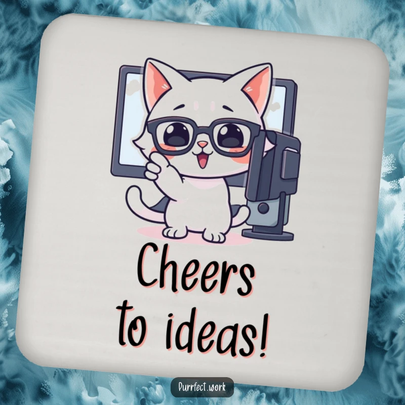Funny coaster with a cat with glasses enthusiastically pointing at a computer screen, offering smart surface protection.