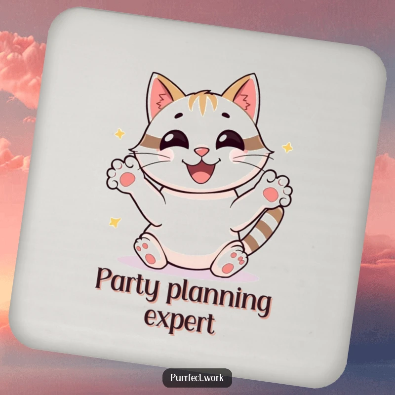 Funny joyful cat sorting papers with frantic paws, beaming, a humorous coaster for drink protection, a funny gift.