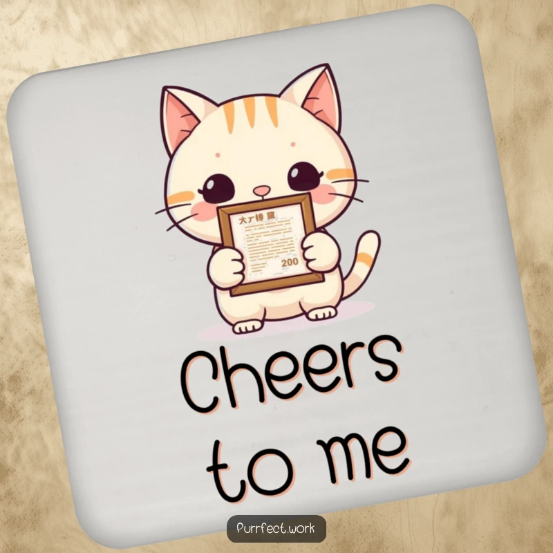 Funny cat achievement coaster featuring a proud cat holding a framed document, protecting surfaces with humor and a celebration of success.