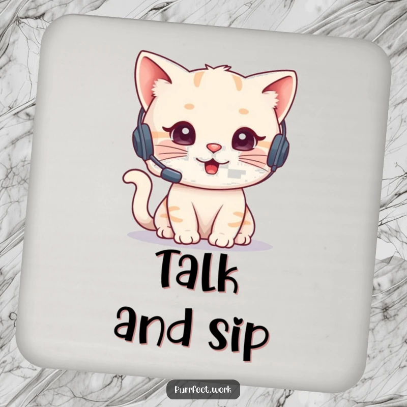 Funny Cat Agent Drink Coaster showing a cute cat with a headset talking on the phone, protecting tables. Professional and functional home decor.