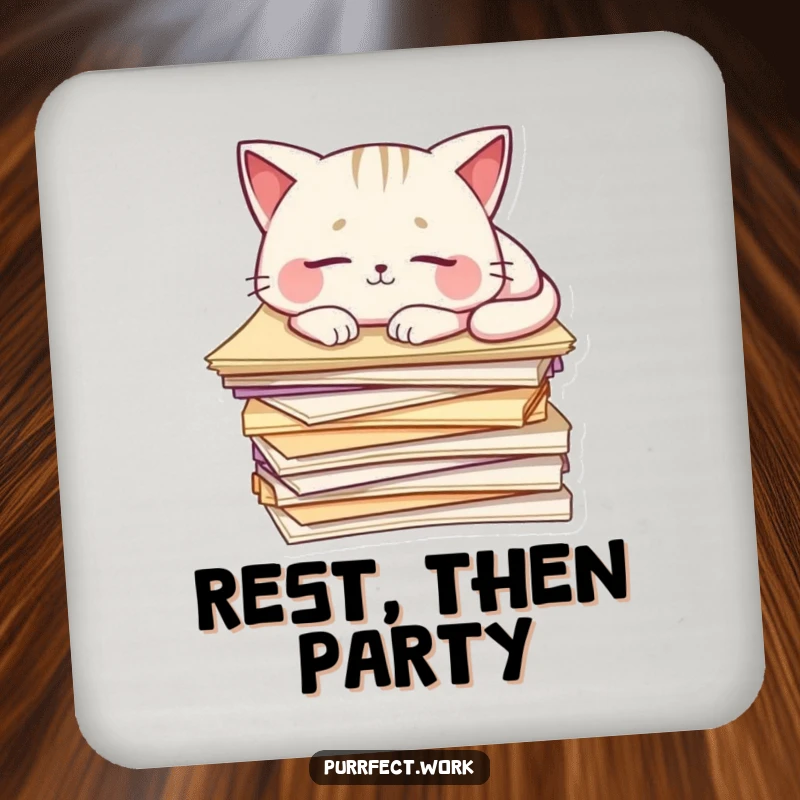 Funny Cat Coaster: A cat sleeps on a stack of papers, offering protection with a touch of humorous charm.