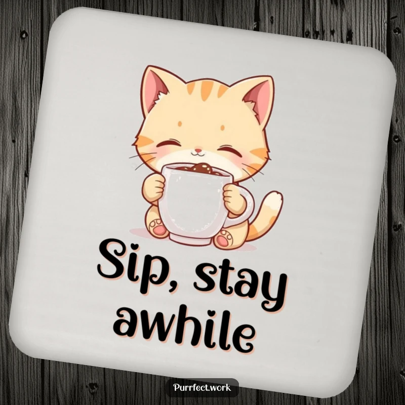 Funny cat coaster, cute character enjoying a tiny coffee mug, protects furniture with a humorous design.