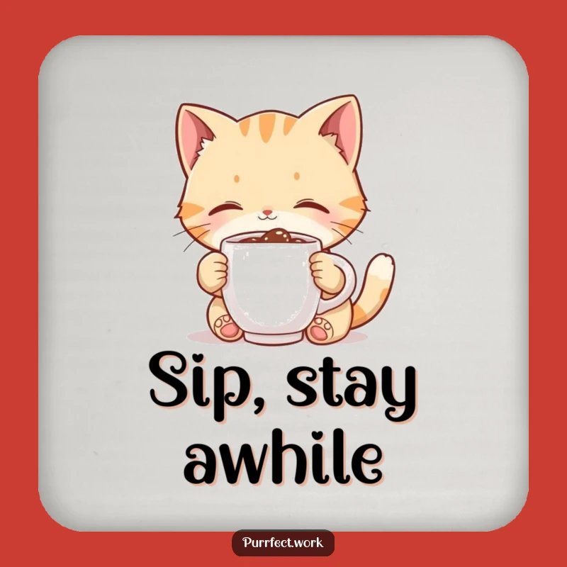 Funny Cat Coffee Coaster: Cute Feline Sipping Tiny Mug Protector, Humorous Decor Gift