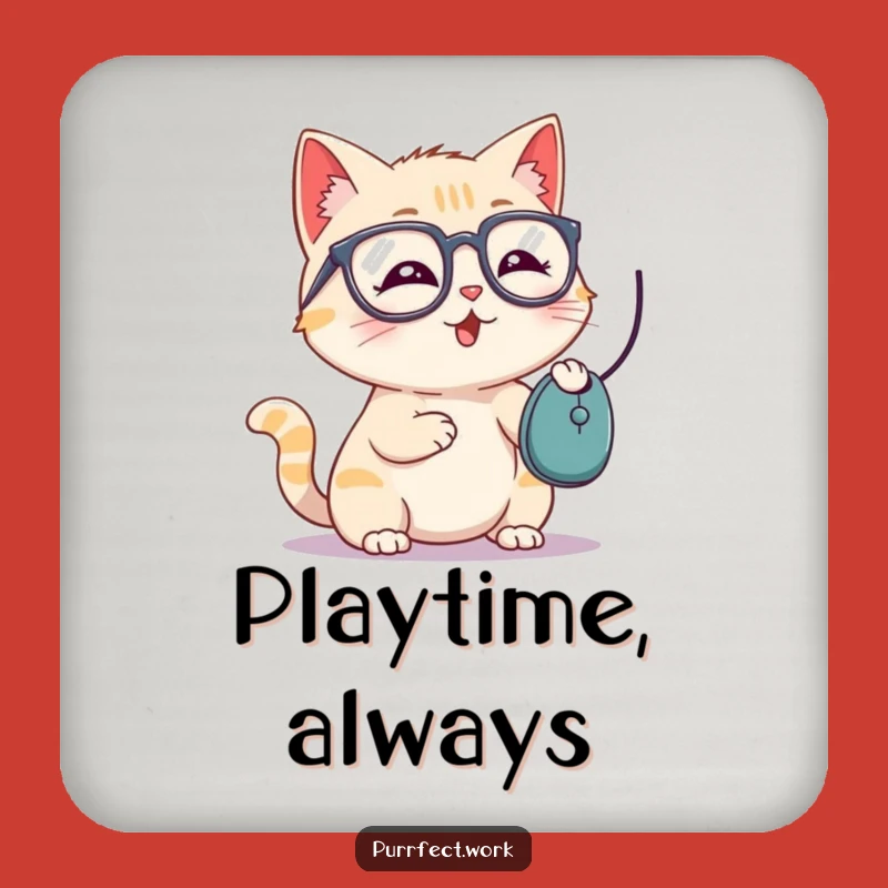 Funny Cat Glasses Drink Coaster - Playful Mouse Batting Table Protector