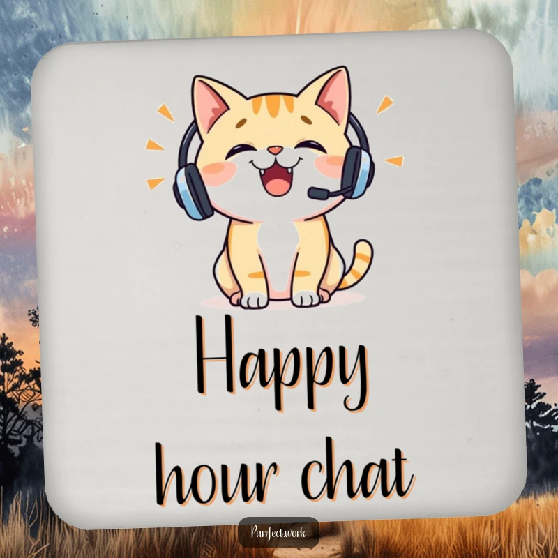Funny cat headset drink coaster featuring a cheerful cat wearing a headset, talking enthusiastically, protecting surfaces with conversational humor.