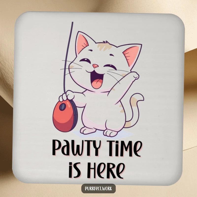 Funny Coaster featuring a cat playfully batting at a dangling computer mouse, a functional and amusing accessory.
