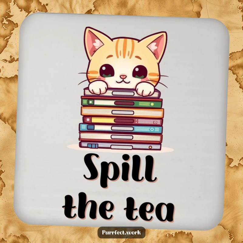 Funny drink coaster showing a curious cat peeking over office files, offering playful mystery.