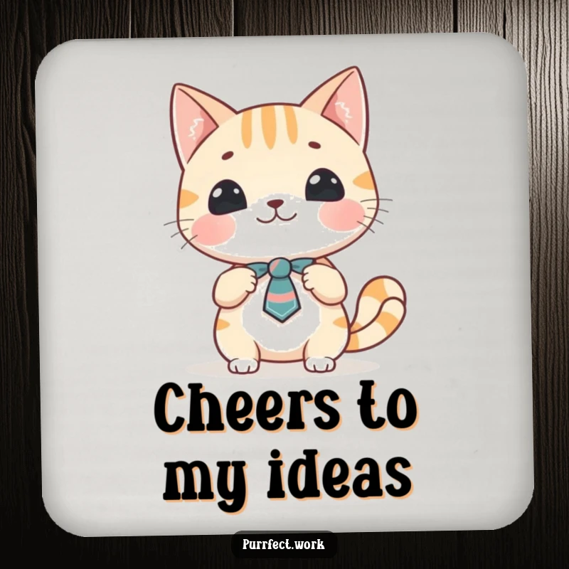 Funny cat presentation coaster depicting a cheerful cat character in a tie, enthusiastically gesturing during a business presentation.