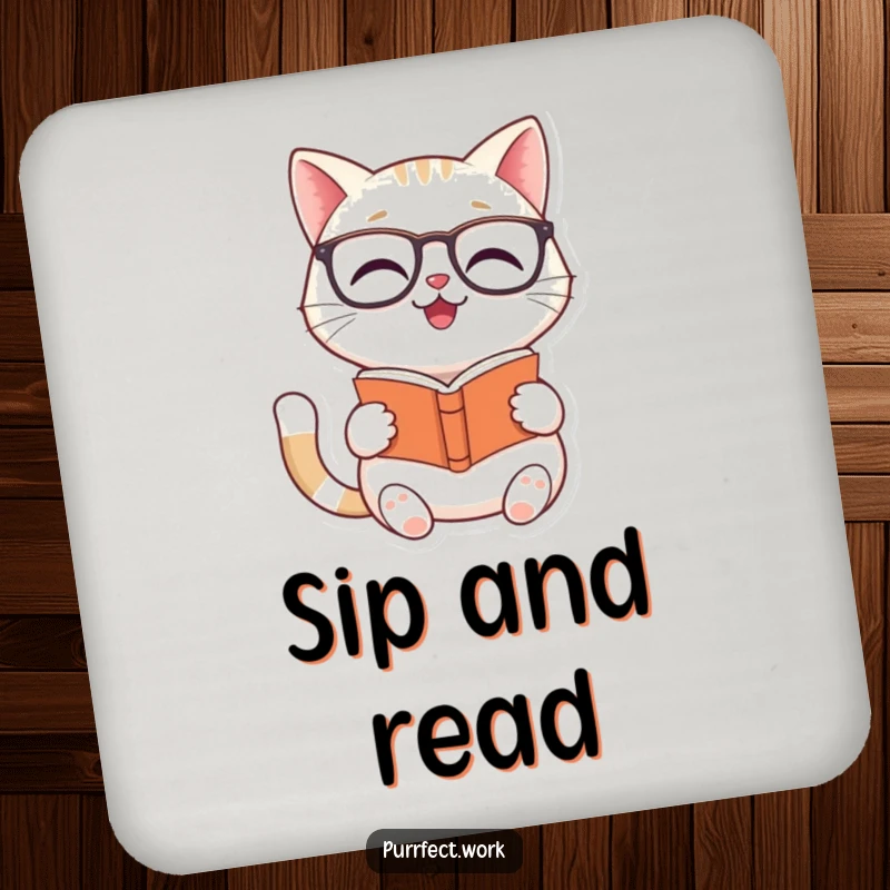 Funny Cat Reader Coaster: A coaster featuring a smiling cat with glasses reading a small book.
