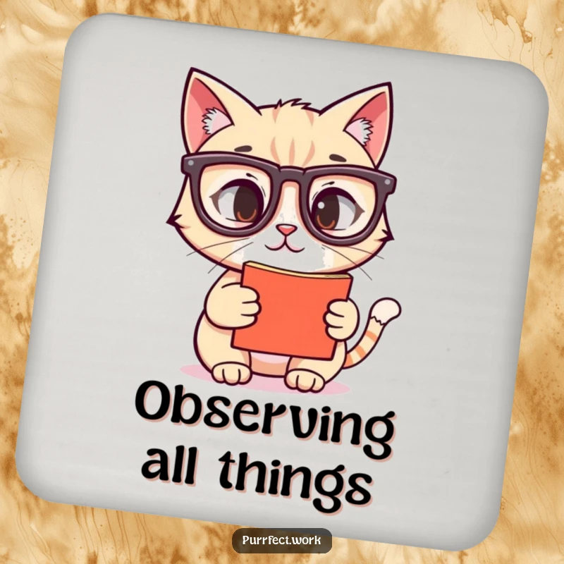 Funny drink coaster with a cat wearing reading glasses, looking intently at a screen, great funny gift for tabletops.