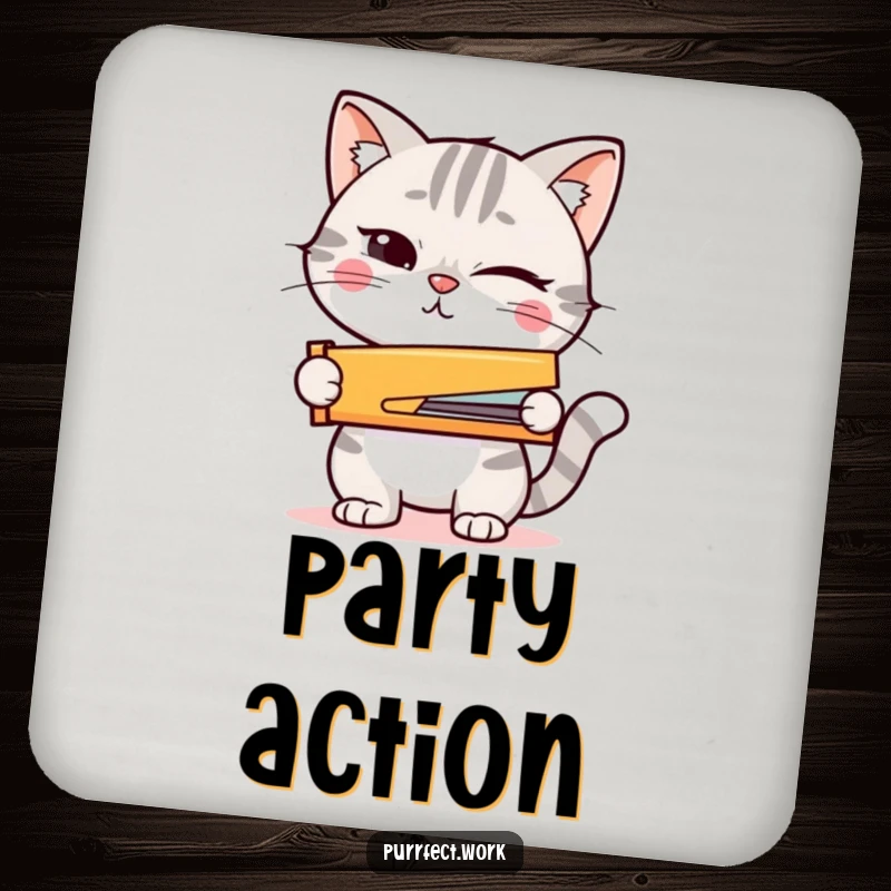 Funny drink coaster showing a winking cat holding a tiny stapler, offering playful readiness.