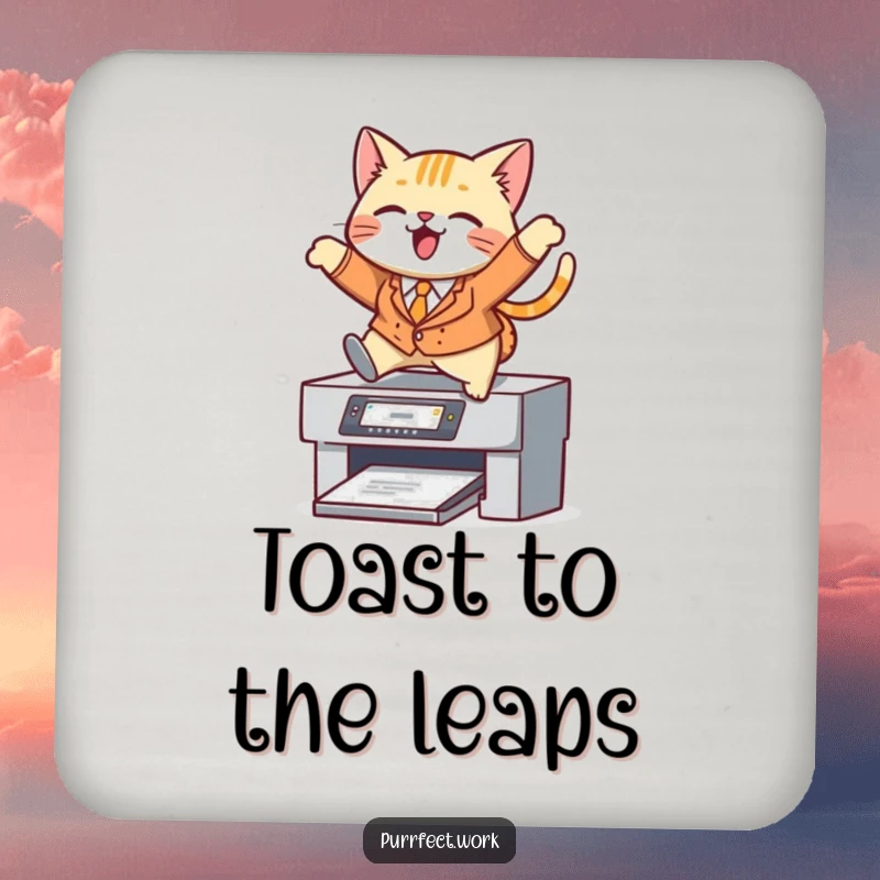 Funny cat drink coaster, a cat in a suit leaping over a printer, protects tables from drinks.