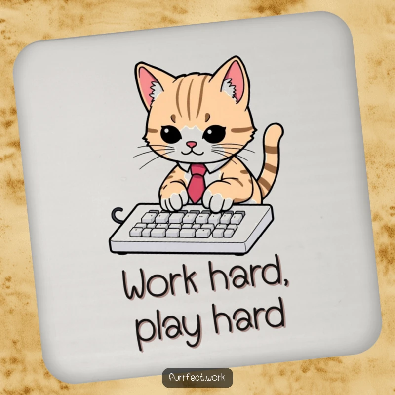 Funny drink coaster with a cat in a tie typing on a keyboard, serving as humorous office desk protection.