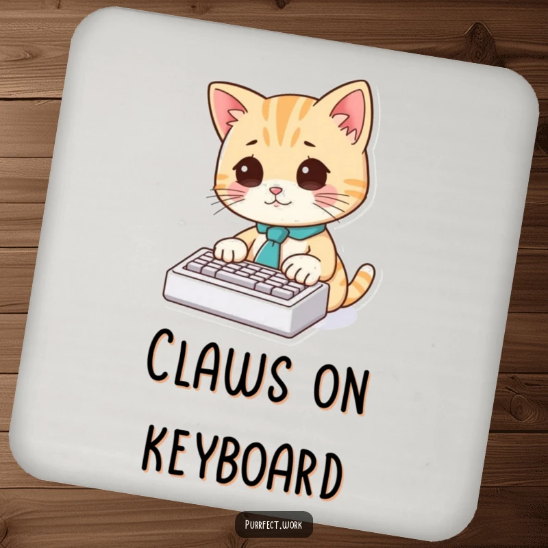 Funny Cat Typist Coaster: A small coaster featuring a cat in a tie intently typing on a miniature keyboard.