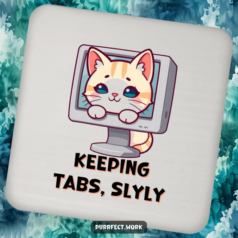Funny cat coaster with a mischievous cat peeking from behind a computer monitor, adding humor to your table.