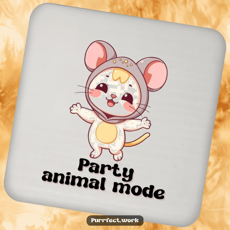 Funny Mouse Cat Coaster: A coaster featuring a happy cat in a mouse costume, dancing.