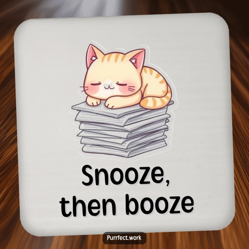 Funny Coaster featuring a cat napping on papers, providing protection with a touch of calm humor.