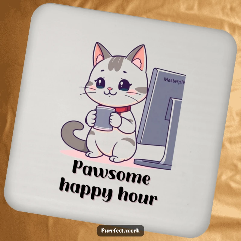 Funny drink coaster with an attentive office cat holding coffee, looking at a monitor, protecting surfaces with humor.