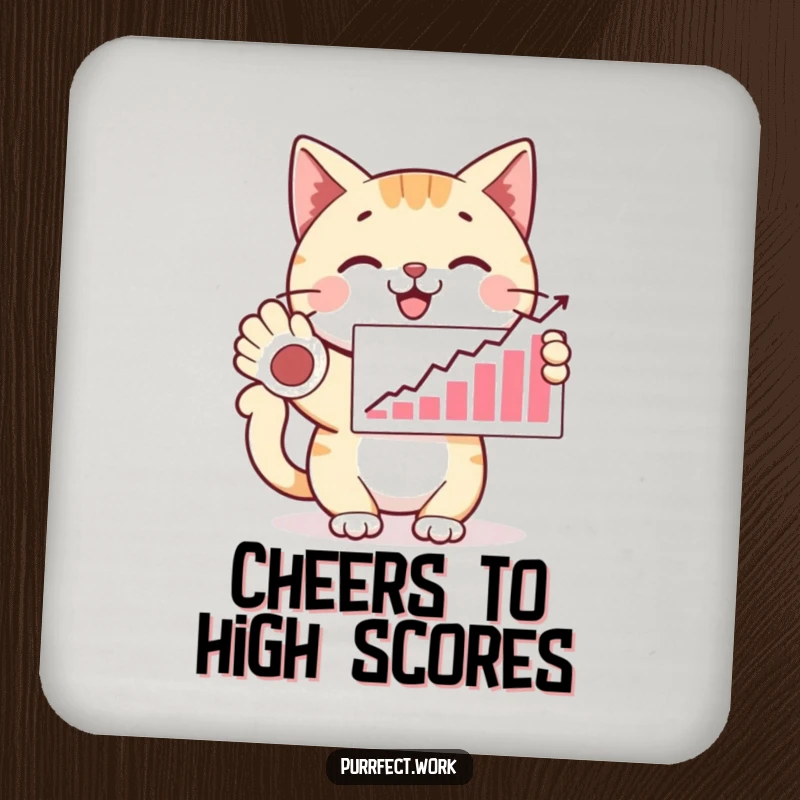 Funny happy cat presenting a graph with a paw, looking proud, a humorous coaster for drink protection, a funny gift.