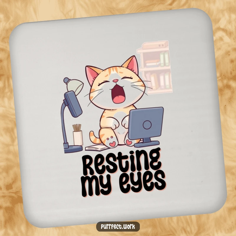 Funny Sleepy Cat Drink Coaster: A coaster showing a cat yawning at a desk, adding humorous protection to furniture.
