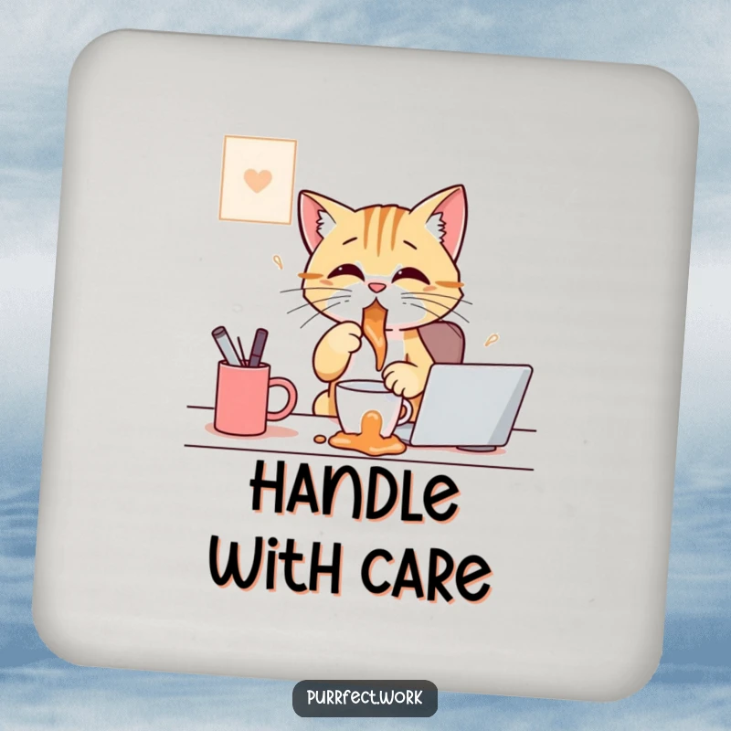 Funny drink coaster showing a cat comically spilling coffee at a desk, perfect for humorous surface protection.