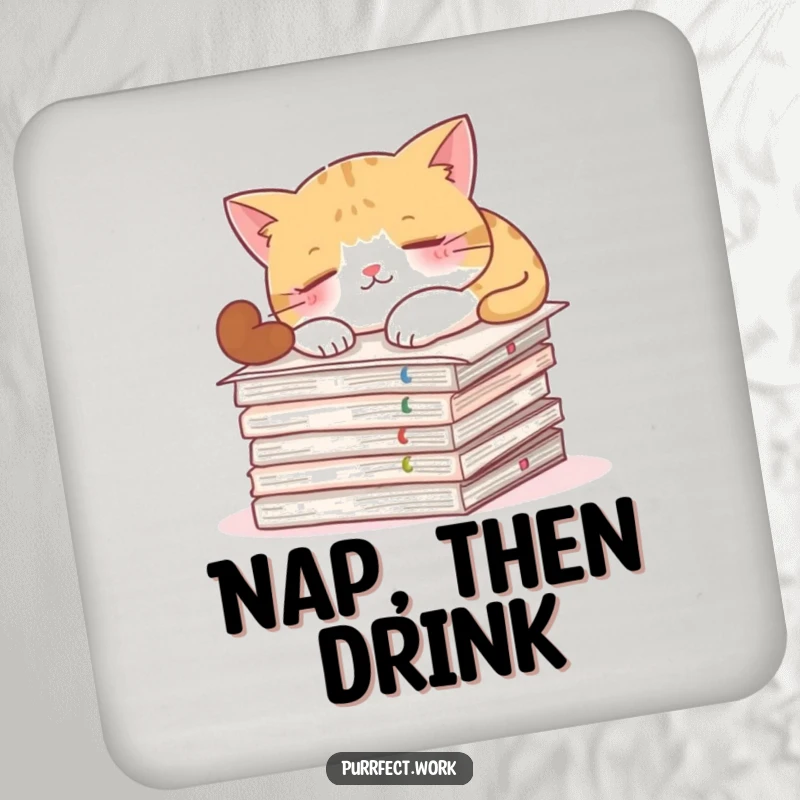Funny drink coasters featuring a cat napping on important documents, adding humor to drink protection.