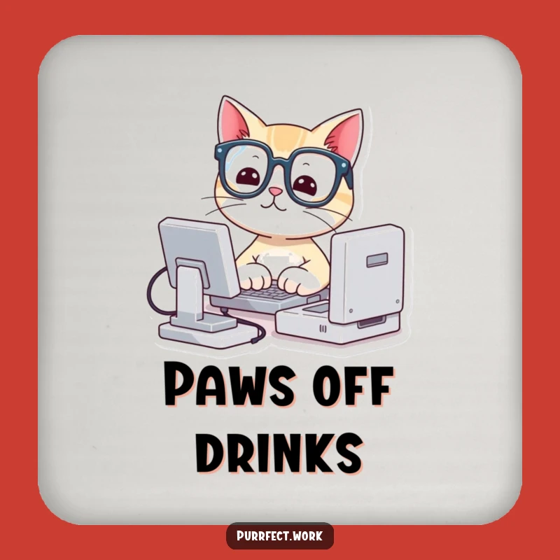 Funny Cat Coaster: Cute Nerd Cat with Glasses Typing on Mini Computer Drinkware