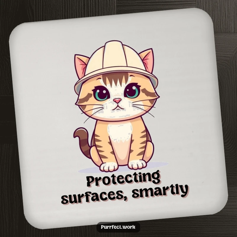 Funny cat coaster with a cat wearing a small yellow hard hat, designed to catch drink condensation.