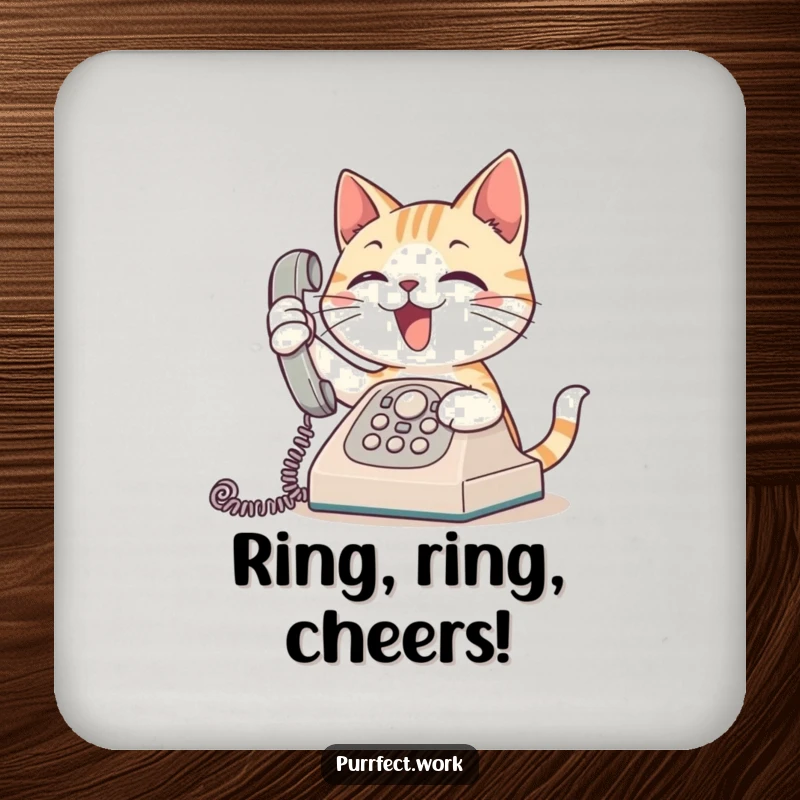 Funny drink coaster showing an enthusiastic cat answering a ringing telephone, perfect for humorous surface protection.
