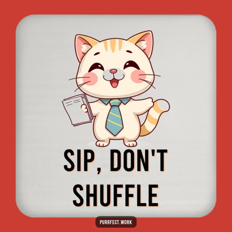 Funny Cat Tie Coaster: Happy Business Cat Presenting Papers, Desk Accessory