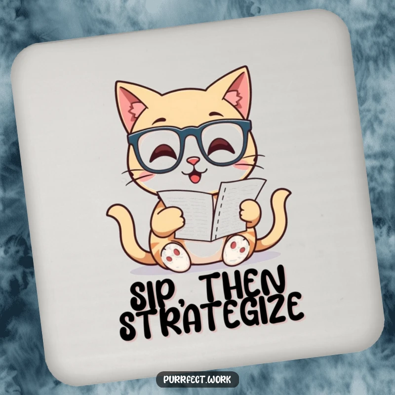 Funny Cat Coaster: A cat in glasses reads a spreadsheet, providing a humorous and functional surface protection.