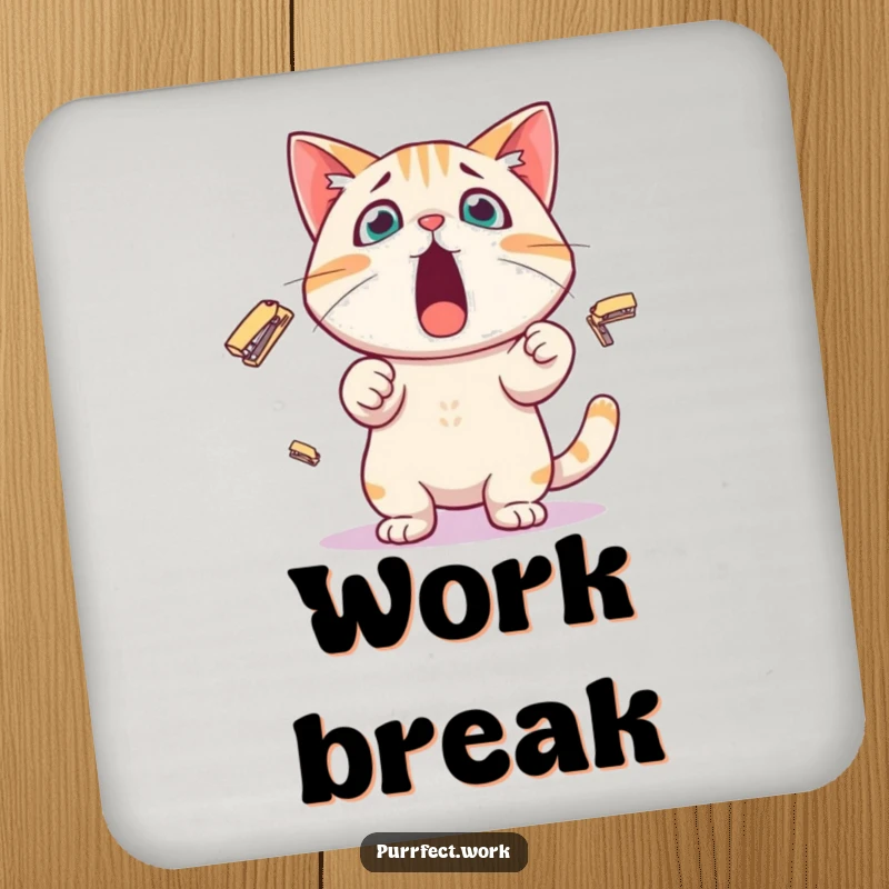 Funny Coaster featuring a surprised cat character juggling tiny staplers, providing surface protection with a dose of office humor.