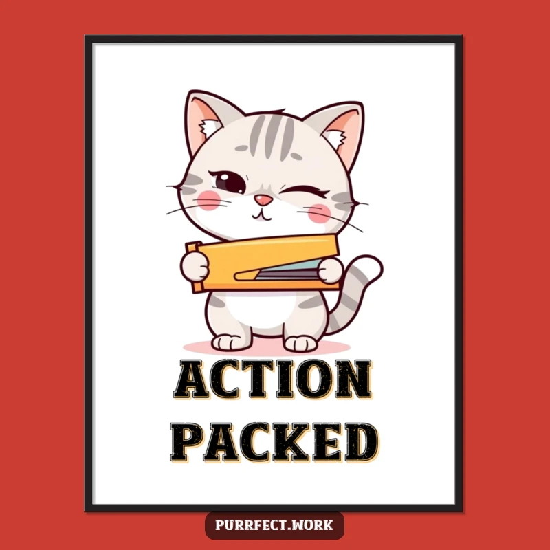 Funny Winking Cat Stapler Poster: Motivational Art for Action Takers