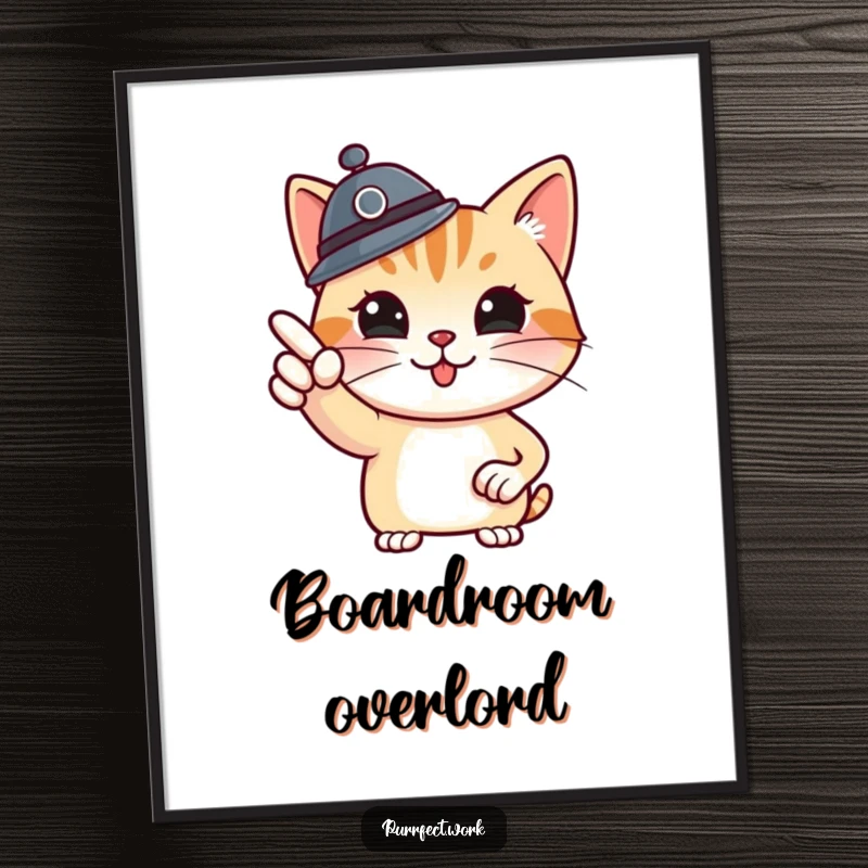 Funny boss cat poster, artwork of a cat boss pointing at a whiteboard, inspiring leadership and witty office decor.