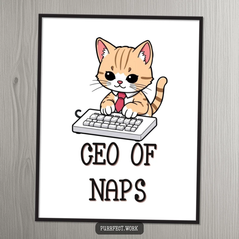 Funny poster print of a cat in a tiny tie, typing furiously on a keyboard, conveying intense work and office humor.