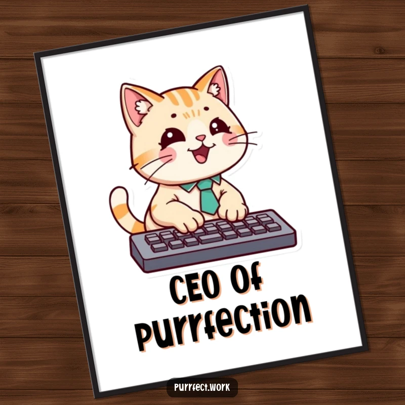 Funny poster of a business-cat wearing a tie, typing with great energy and focus on a computer keyboard.