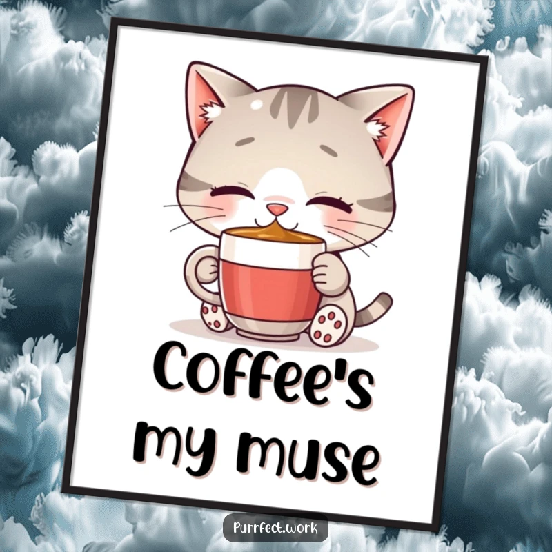 Funny cat coffee poster depicting a content cat happily drinking from a miniature mug, radiating warmth and morning cheer, perfect for kitchen decor.