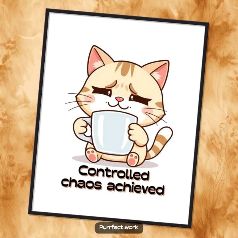 Funny smiling cat holding a coffee mug, looking slightly stressed, a humorous poster print for coffee shops and a funny gift.