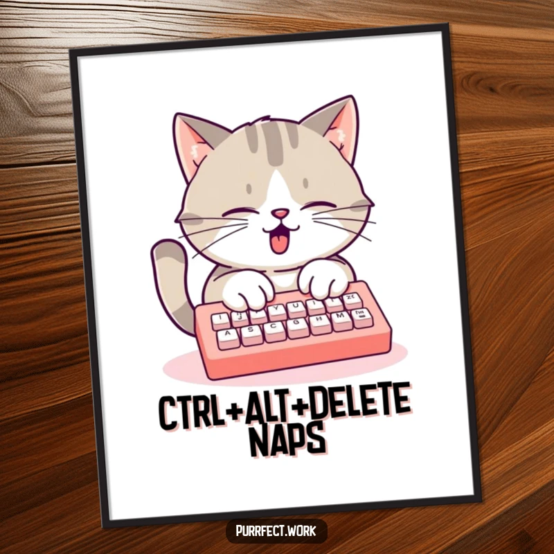 Funny busy cat poster, a cat typing rapidly on a small keyboard, perfect for motivational office decor.