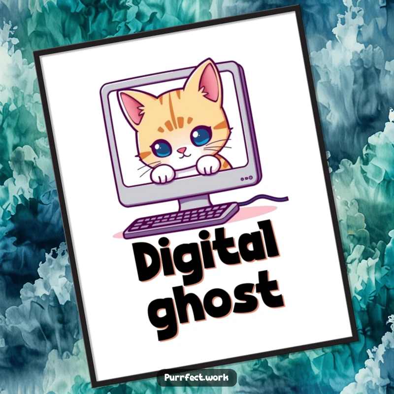 Funny Mischievous Cat Poster: Wall art of a cat stealthily peeking from behind a computer screen, adding a humorous tech vibe.