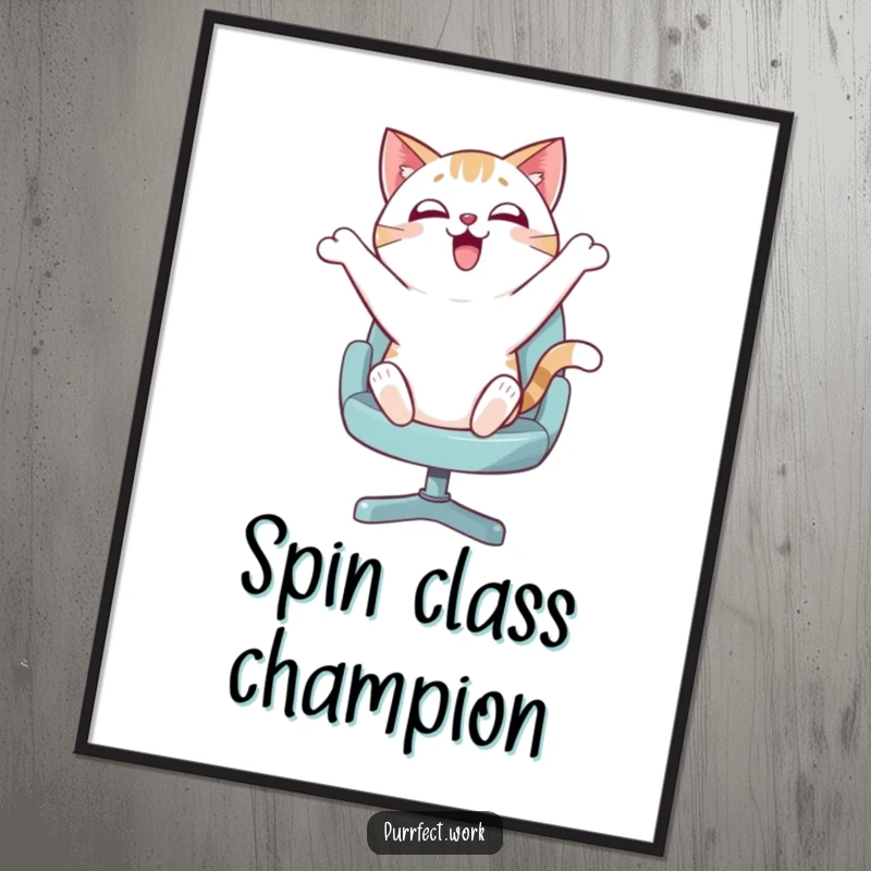 Funny poster of an enthusiastic cat mid-bounce on a swivel chair, capturing a moment of pure, uninhibited and energetic feline fun.